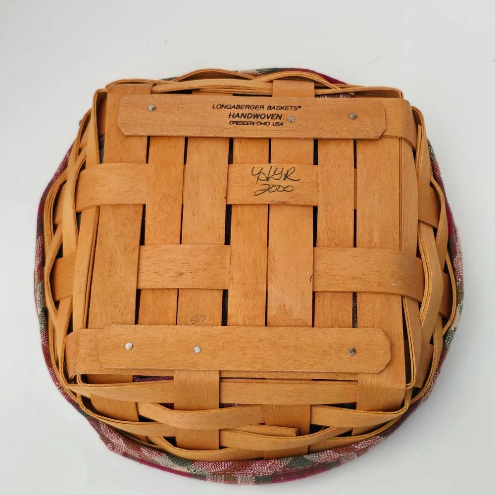 Longaberger Small Catch All Basket 2000 OPP Plaid Liner Divided Protector Round